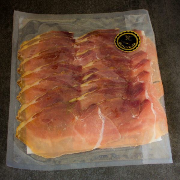 Hofschwein Schinken geschnitten, geräuchert, eingeschweißt ca. 100g